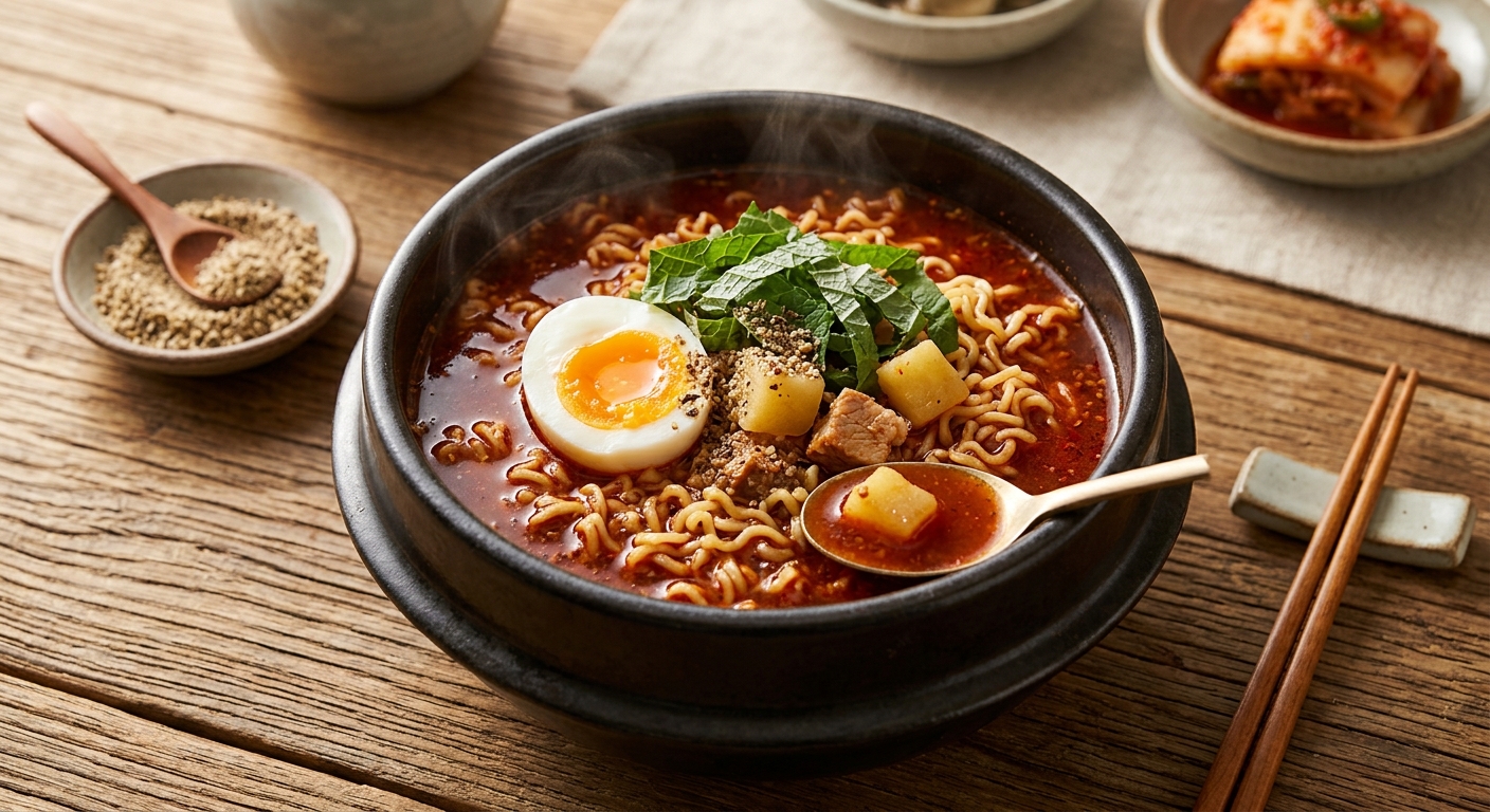 냄비 라면에 들깨가루를 넣고 깻잎을 올리는 조리 장면