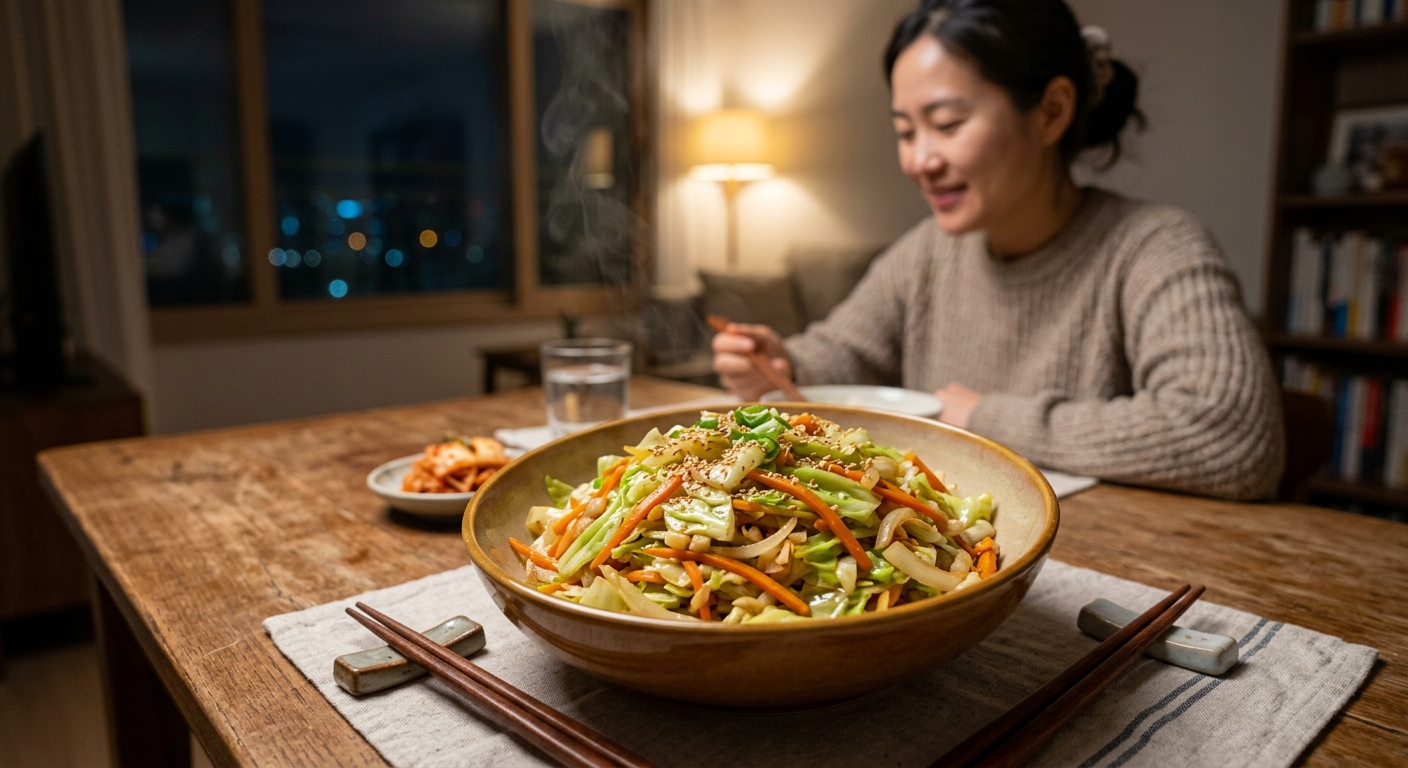 접시에 담긴 양배추 당근 볶음이 저녁 식사처럼 차려진 모습