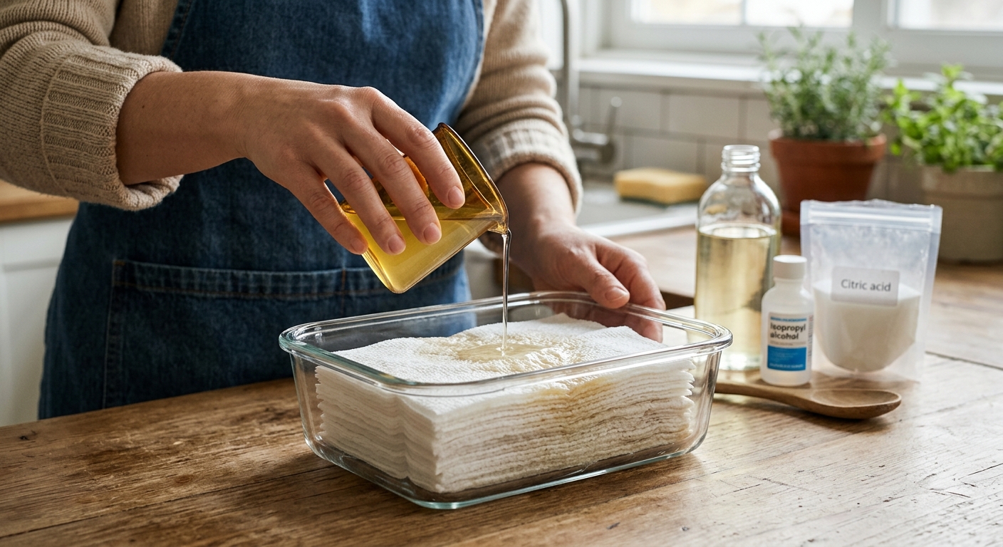 말라버린 물티슈 팩에 세정액을 붓고 손으로 눌러 고르게 적시는 장면