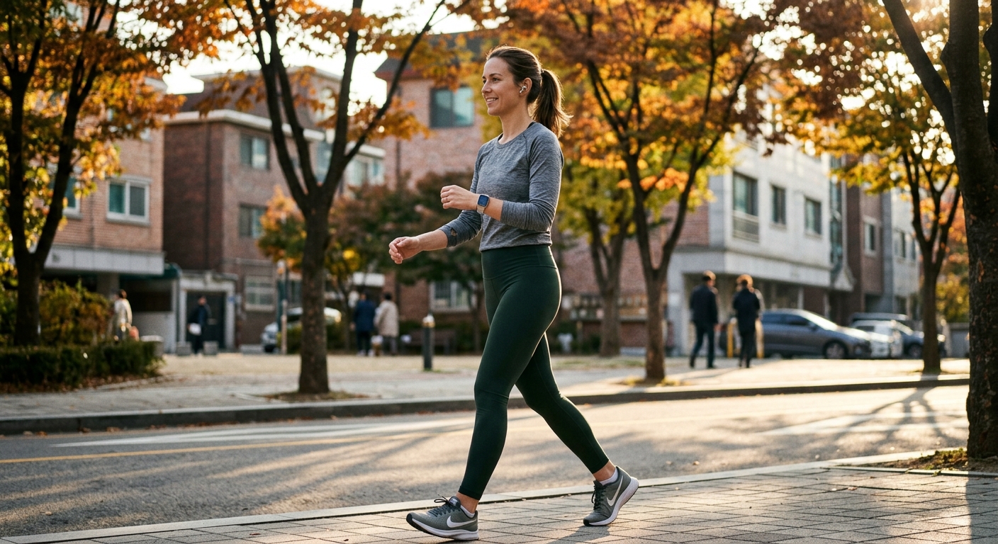 도심 거리에서 점심시간에 빠르게 걷는 직장인의 모습
