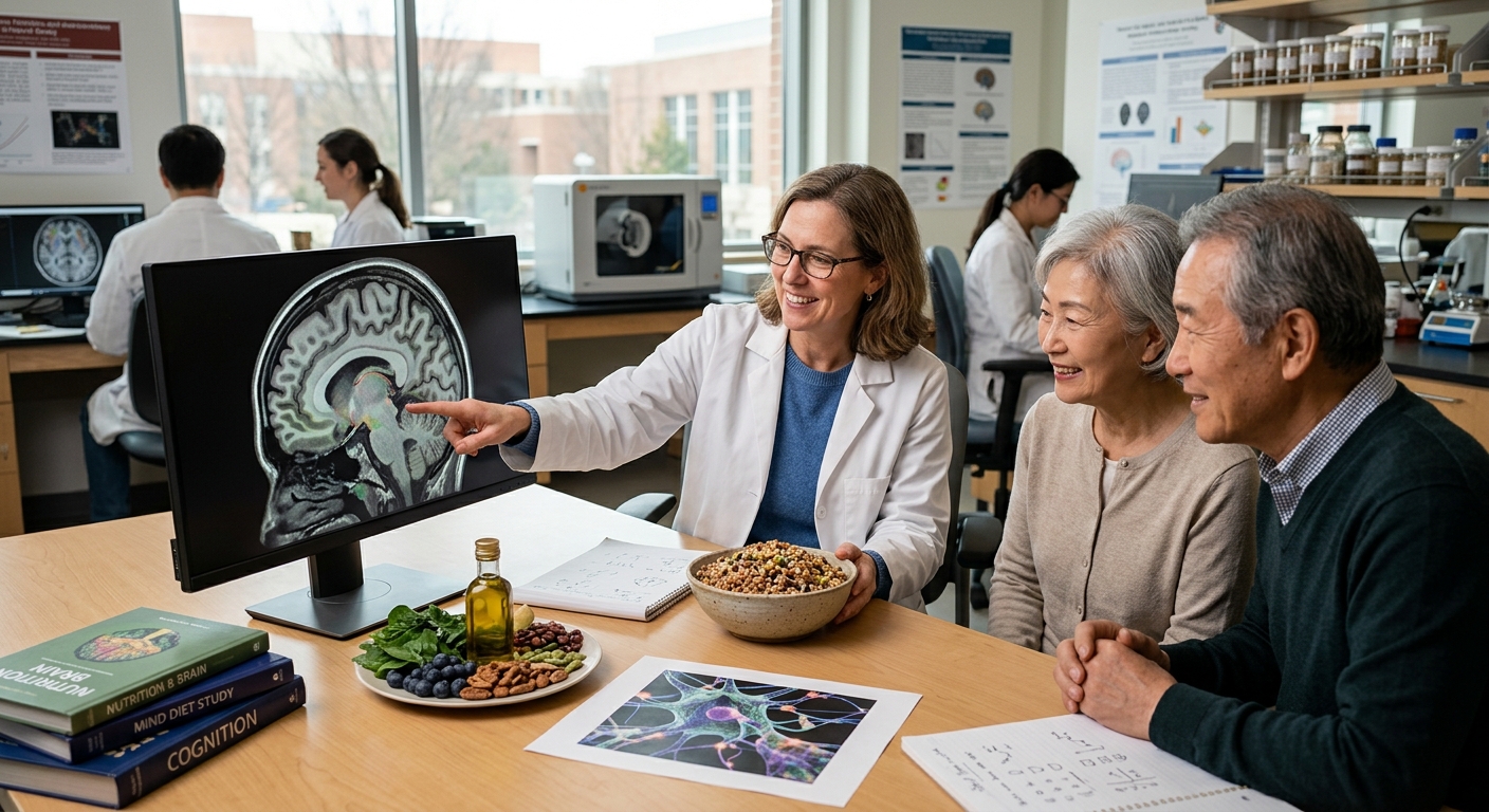 뇌 MRI 이미지와 식단 기록 노트가 함께 놓인 연구 분석 콘셉트 사진