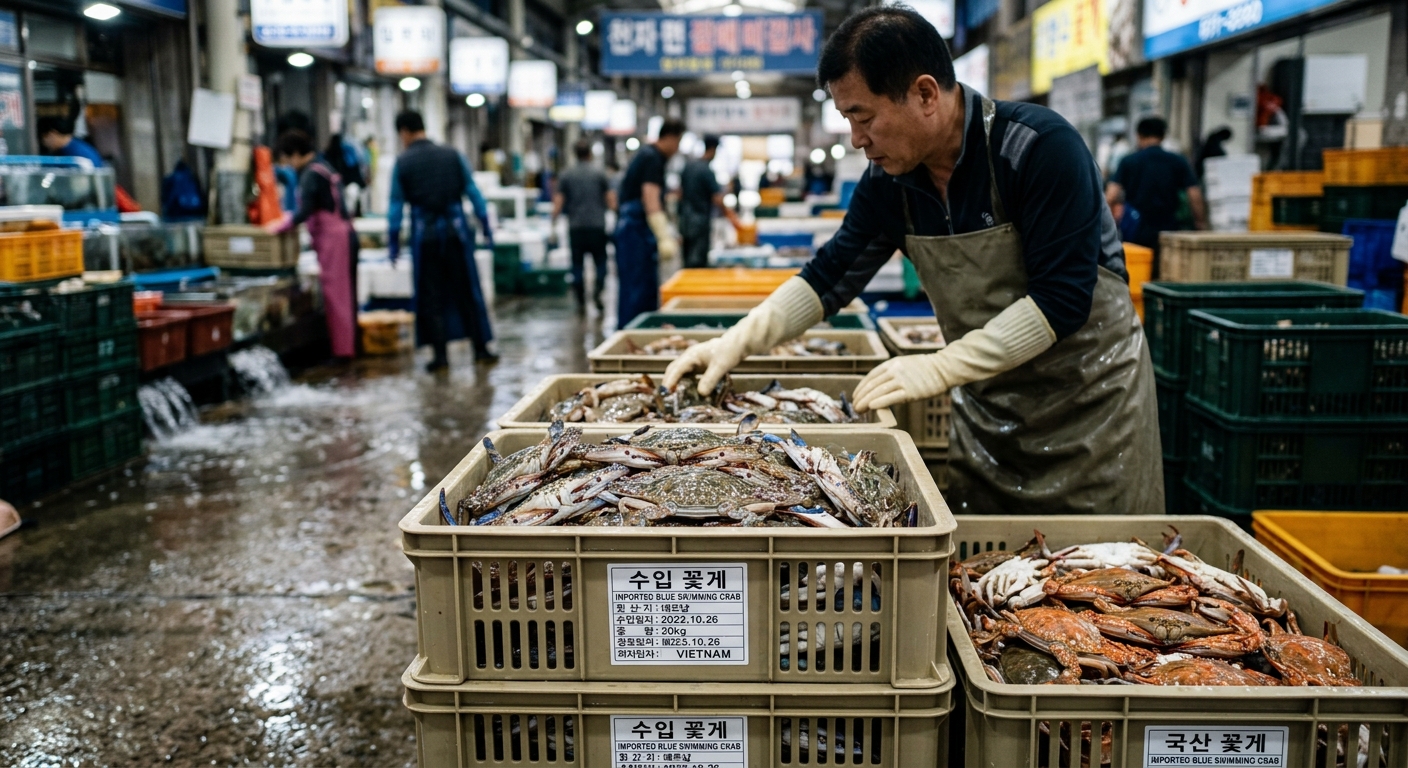 시장 진열대에 포장된 냉동 꽃게 상품들