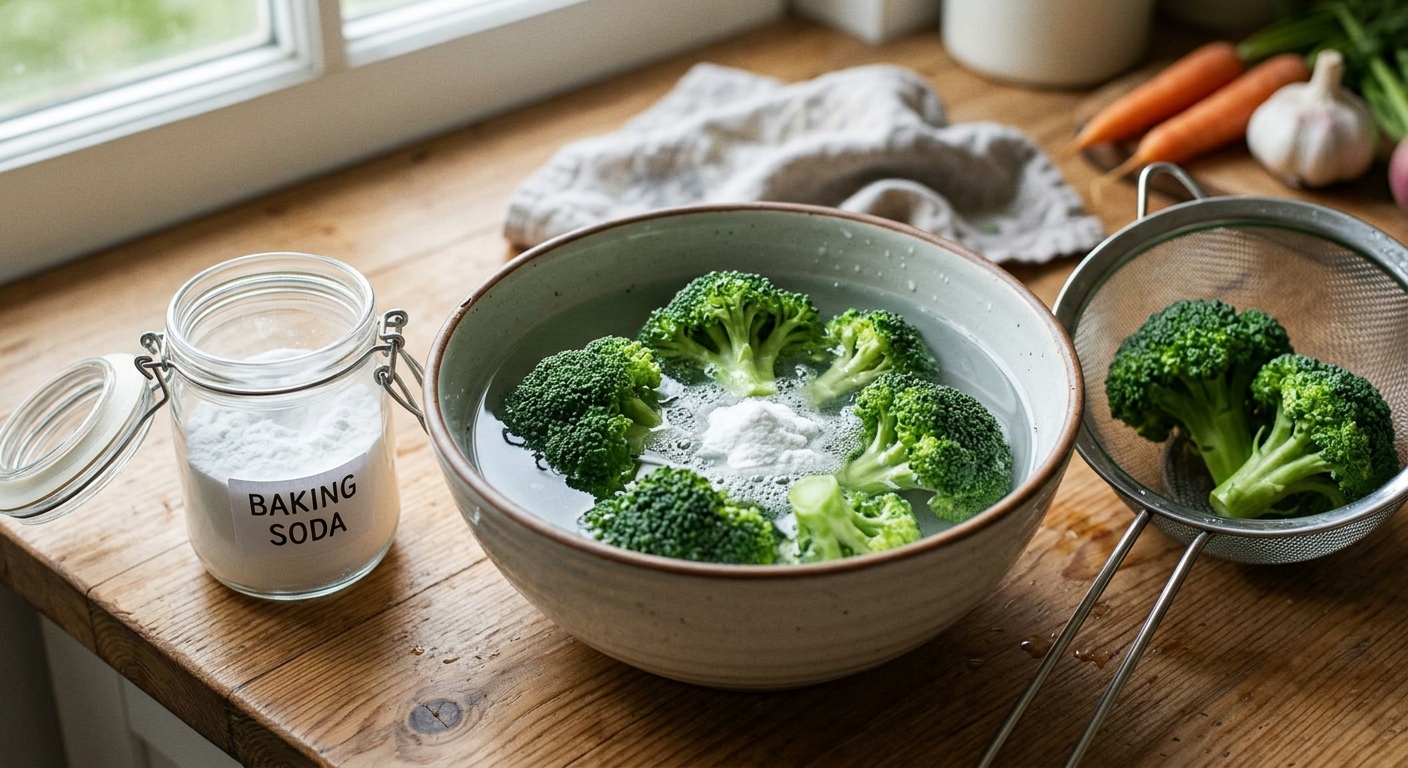 큰 볼에 베이킹소다 물을 만들고 브로콜리를 담그는 모습