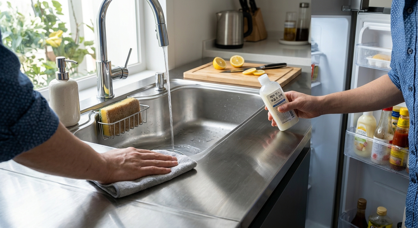 광택이 살아난 스테인리스 싱크대와 천에 묻힌 소량의 린스