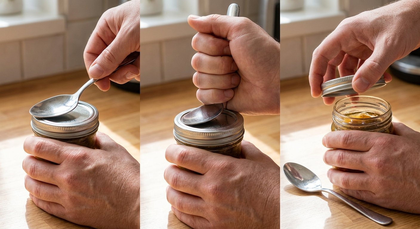 숟가락으로 유리병 뚜껑 틈을 벌리는 장면의 근접 사진