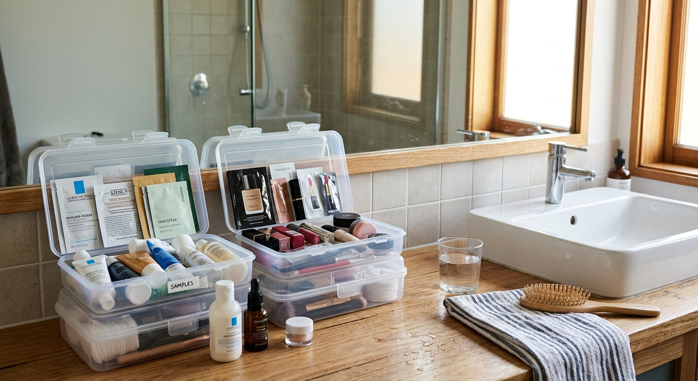 투명 케이스 안에 화장품 샘플과 미니 뷰티 제품이 정리된 화장대 모습
