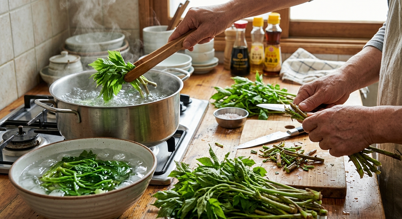끓는 물에 살짝 데친 뒤 찬물에 식히는 엄나무순