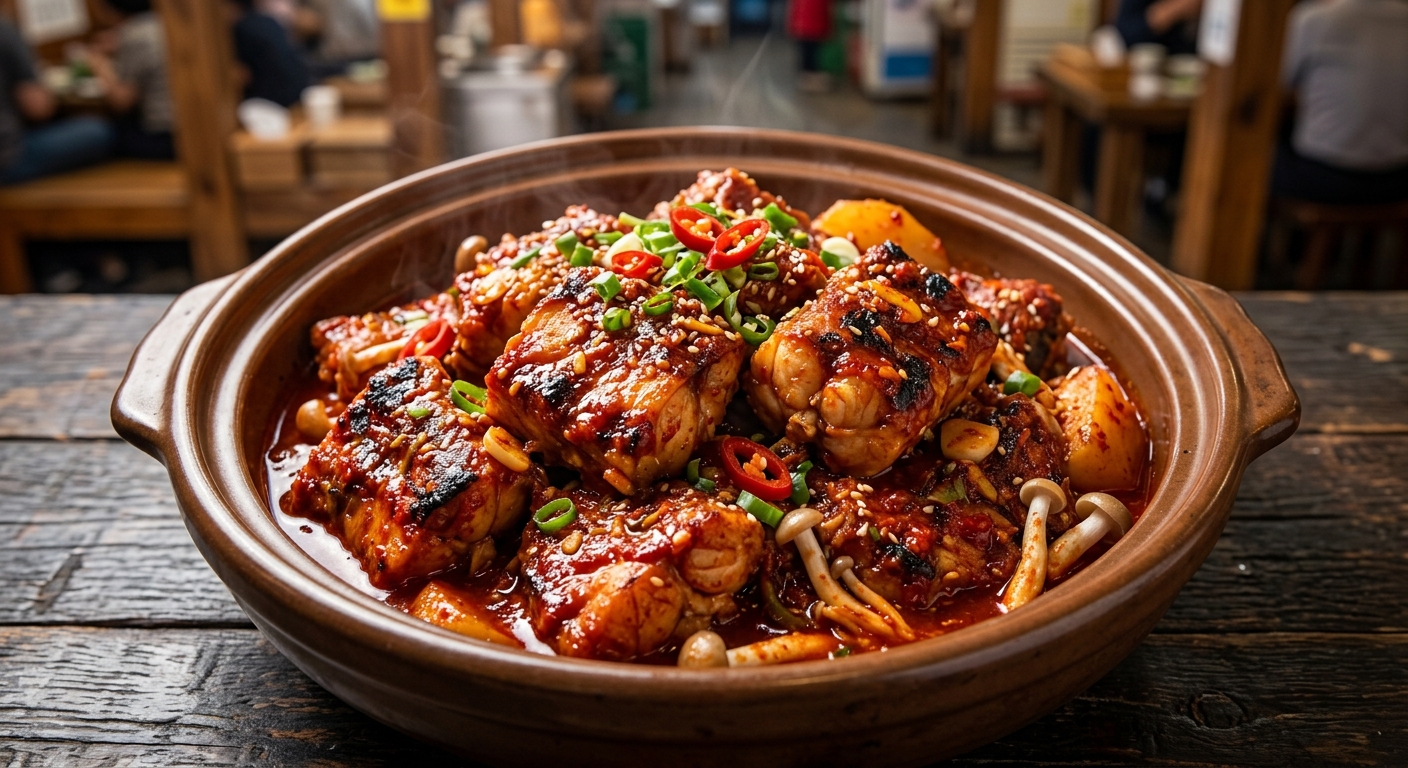 양념이 고루 밴 대구뽈 순살과 곁들인 나물이 함께 놓인 모습