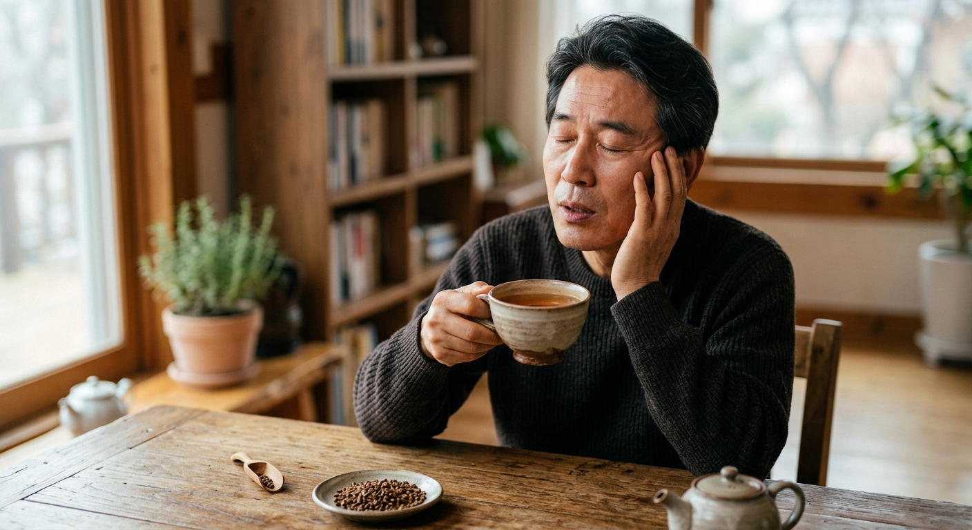 찻잔에 담긴 결명자차와 말린 결명자 씨앗