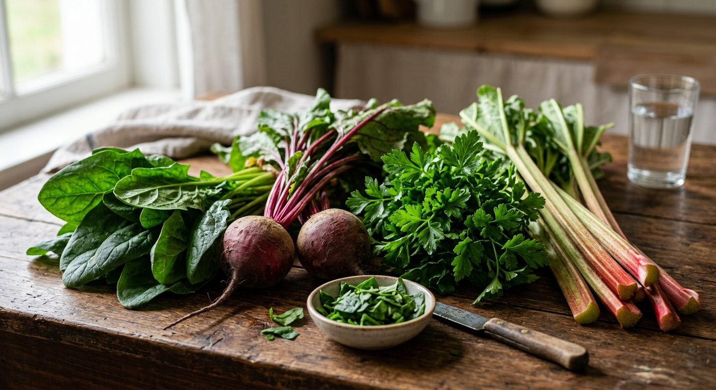 신선한 시금치와 비트, 파슬리가 나란히 놓인 식재료 사진