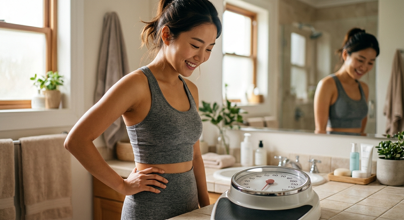 체중계와 일정표를 보며 현실적인 다이어트 목표를 세우는 모습