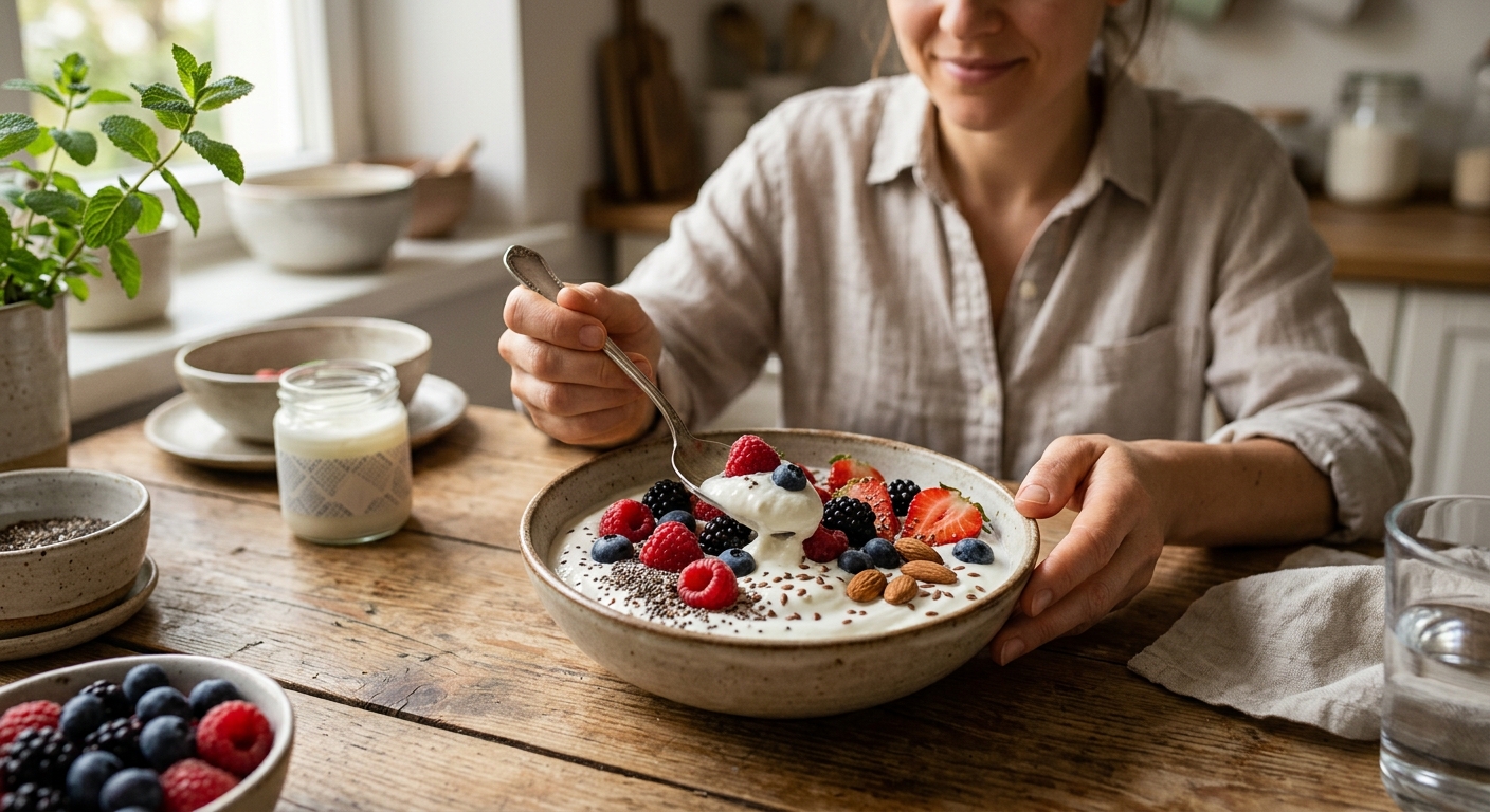 장 건강을 상징하는 프로바이오틱스와 소화기관 그래픽이 함께 있는 이미지