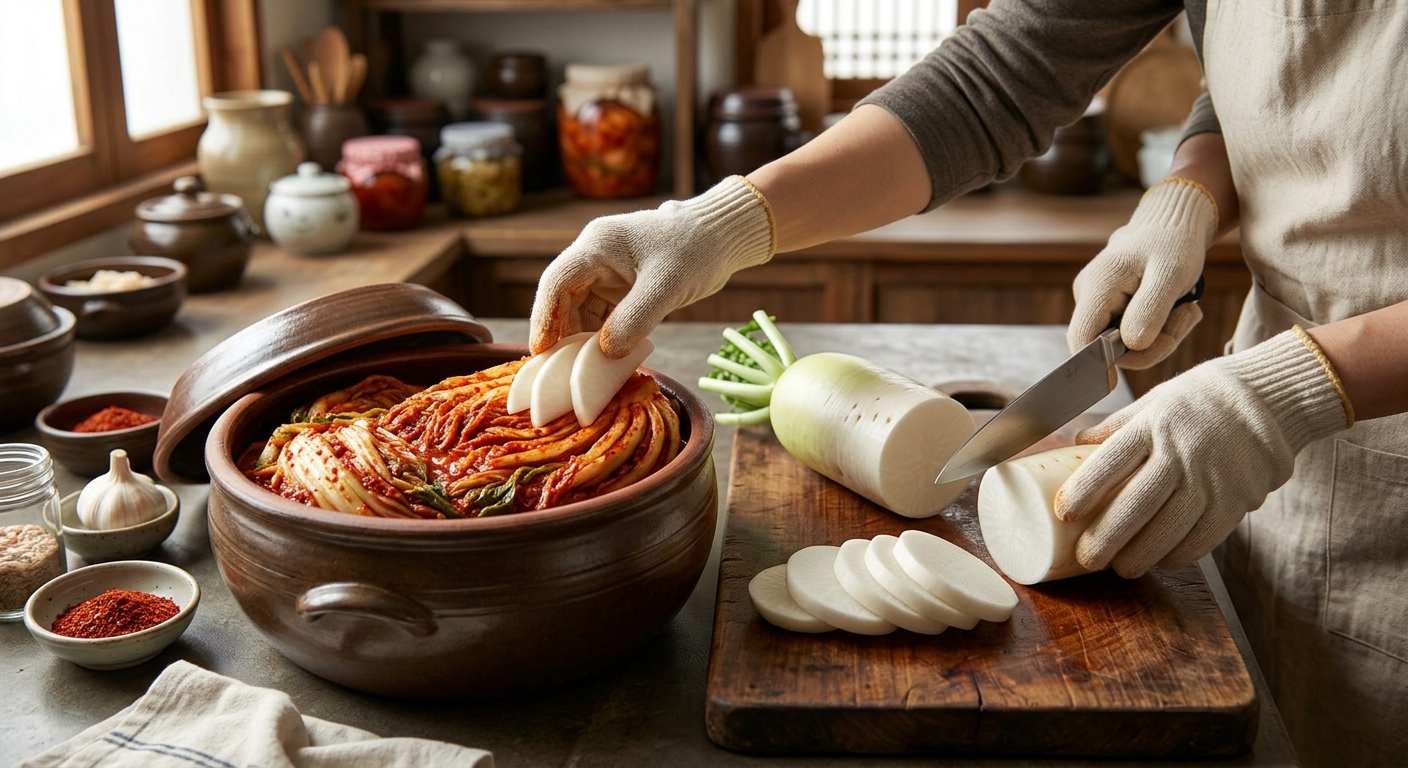 물에 씻지 않은 김치와 무를 함께 담은 그릇