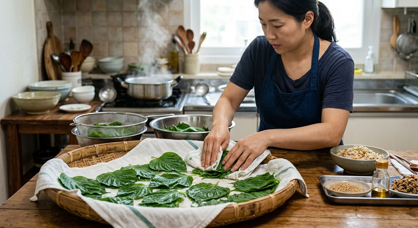 데친 깻잎을 찬물에 식히고 키친타월로 물기를 제거하는 조리 장면