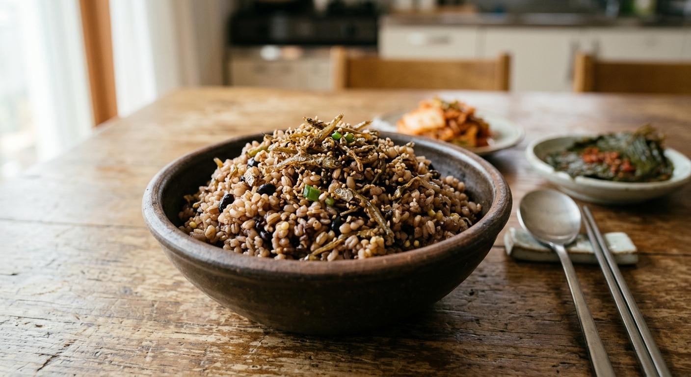 밥솥에서 완성된 멸치 잡곡밥을 주걱으로 퍼내는 장면