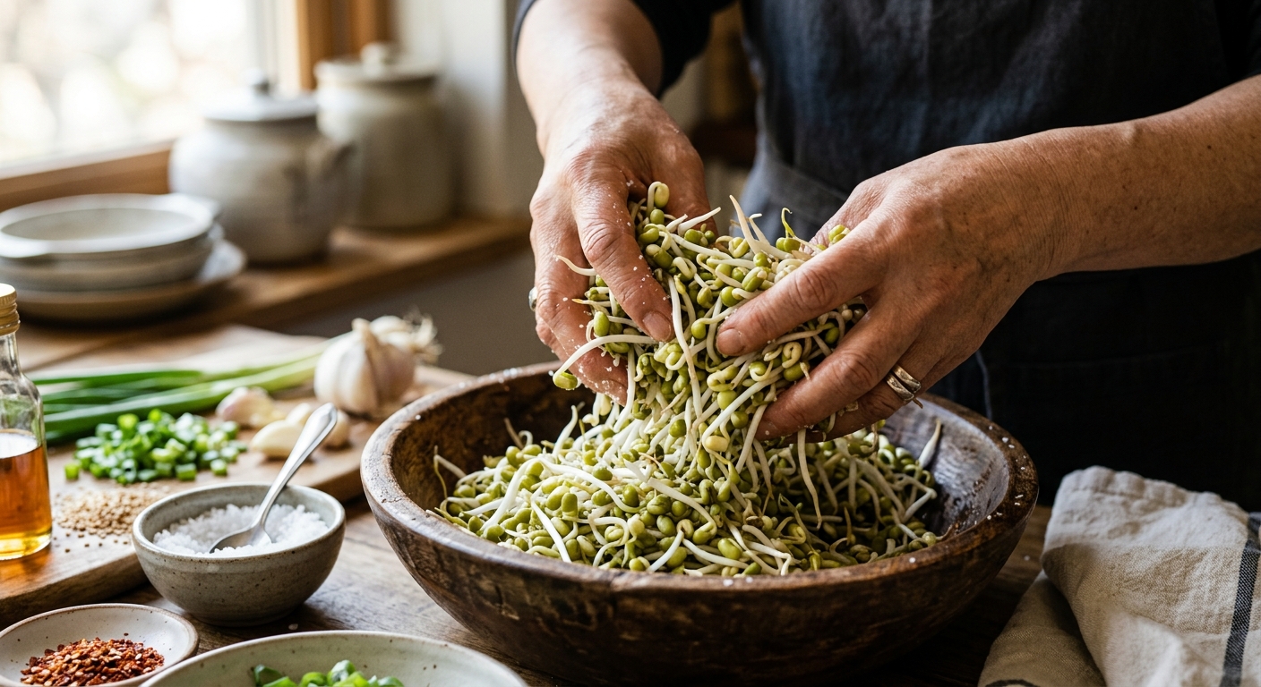볼에 담긴 숙주에 소금을 뿌려 10분간 절이는 과정