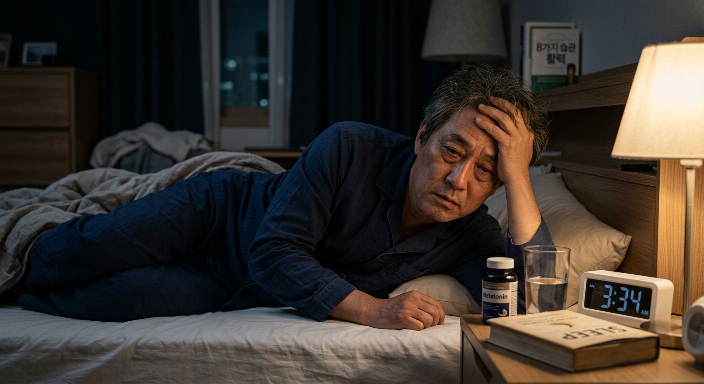 어두운 침실에서 편안하게 숙면을 취하는 중년 여성의 모습