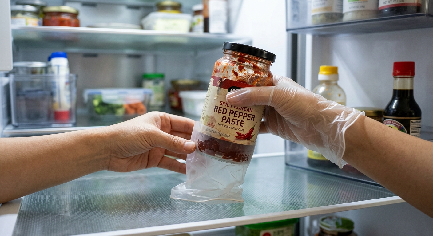 간장병과 식용유병 바닥에 비닐장갑 조각을 받침처럼 끼워둔 주방 정리 모습