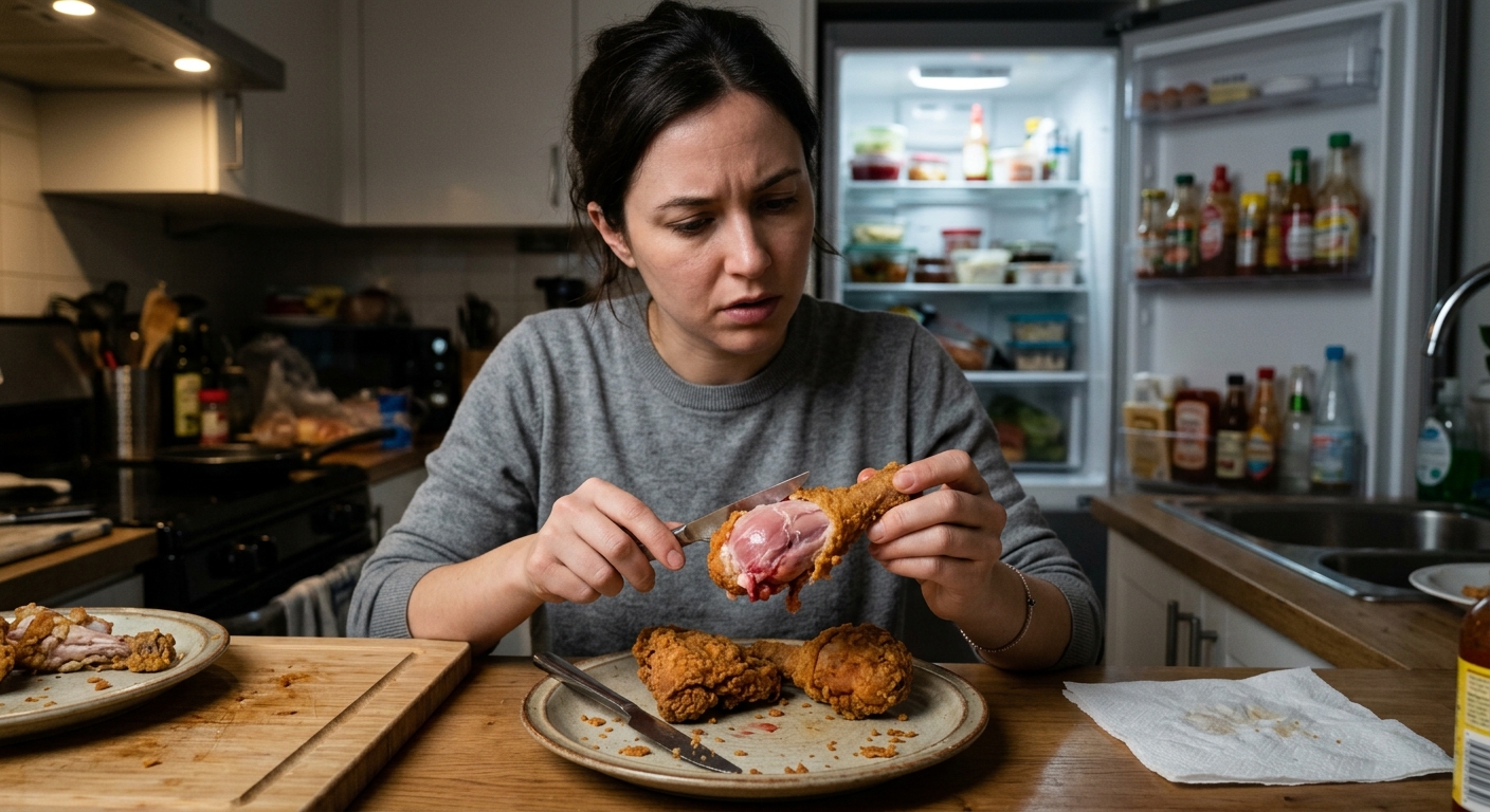 속살을 갈라보니 붉은 기가 남아 있는 치킨 조각을 확인하는 모습