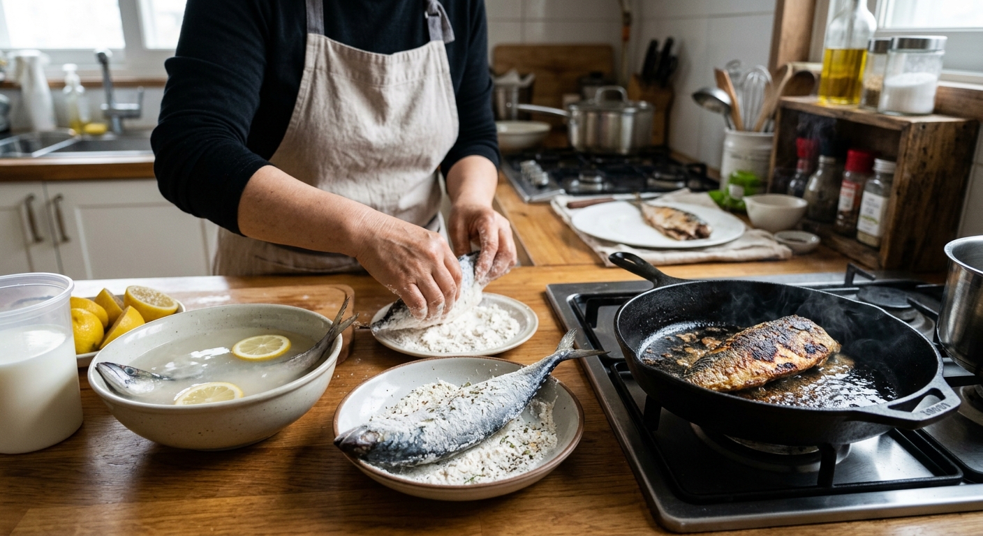 손질한 생선을 쌀뜨물과 레몬을 활용해 비린내 제거 준비하는 모습