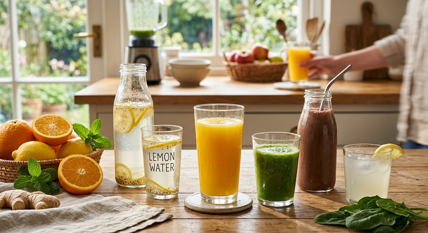 아침 식탁 위에 놓인 착즙주스와 함께 신선한 과일이 보이는 장면