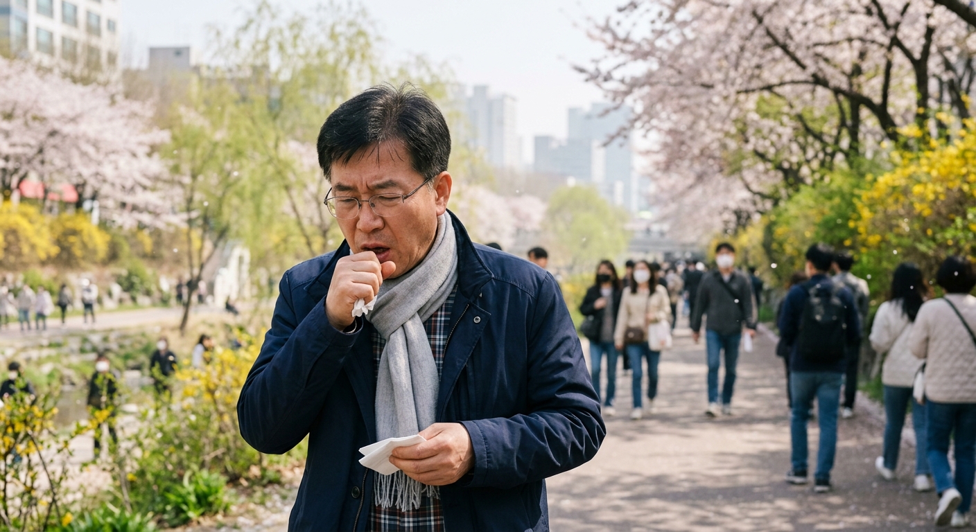 봄철 야외에서 꽃가루와 미세먼지에 노출된 사람의 모습