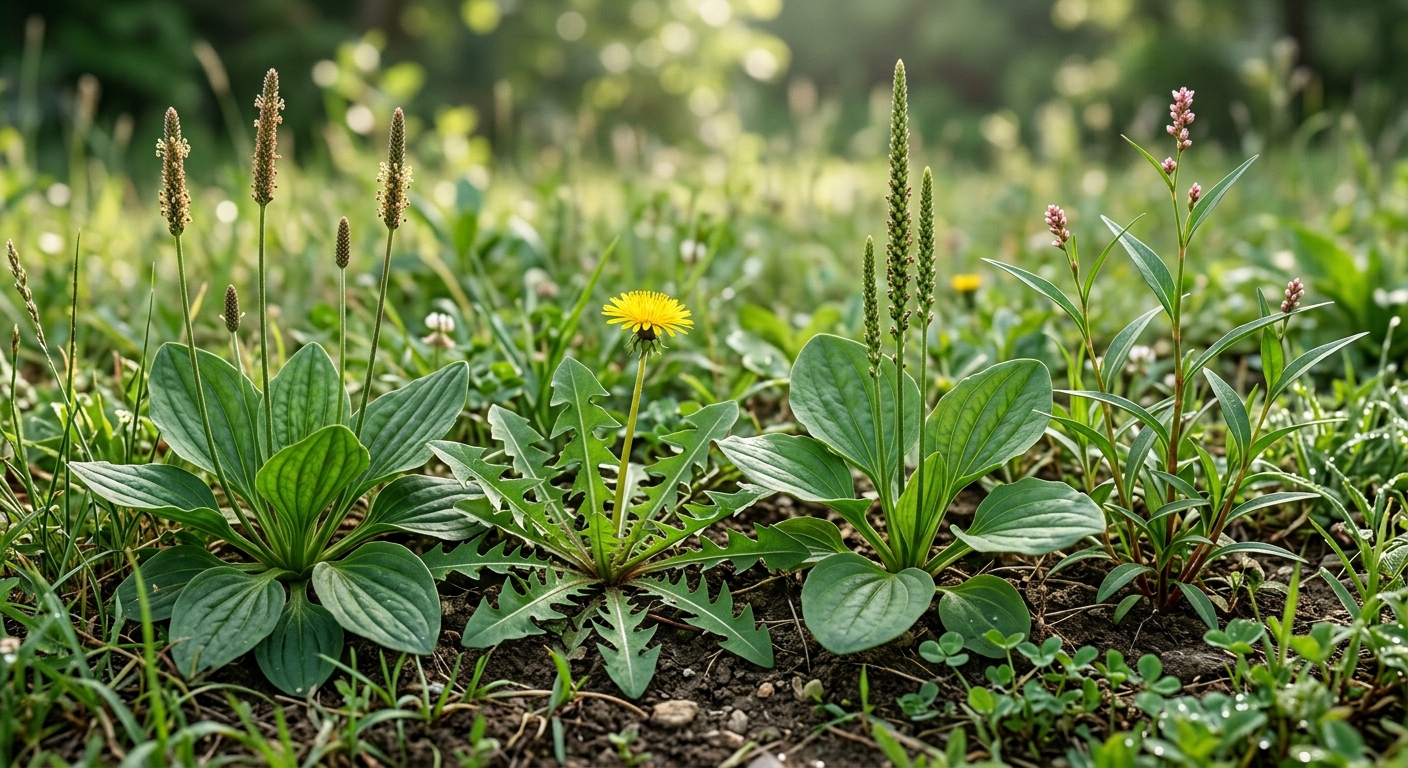 질경이 잎의 평행한 잎맥과 바닥에 퍼진 형태를 보여주는 근접 사진
