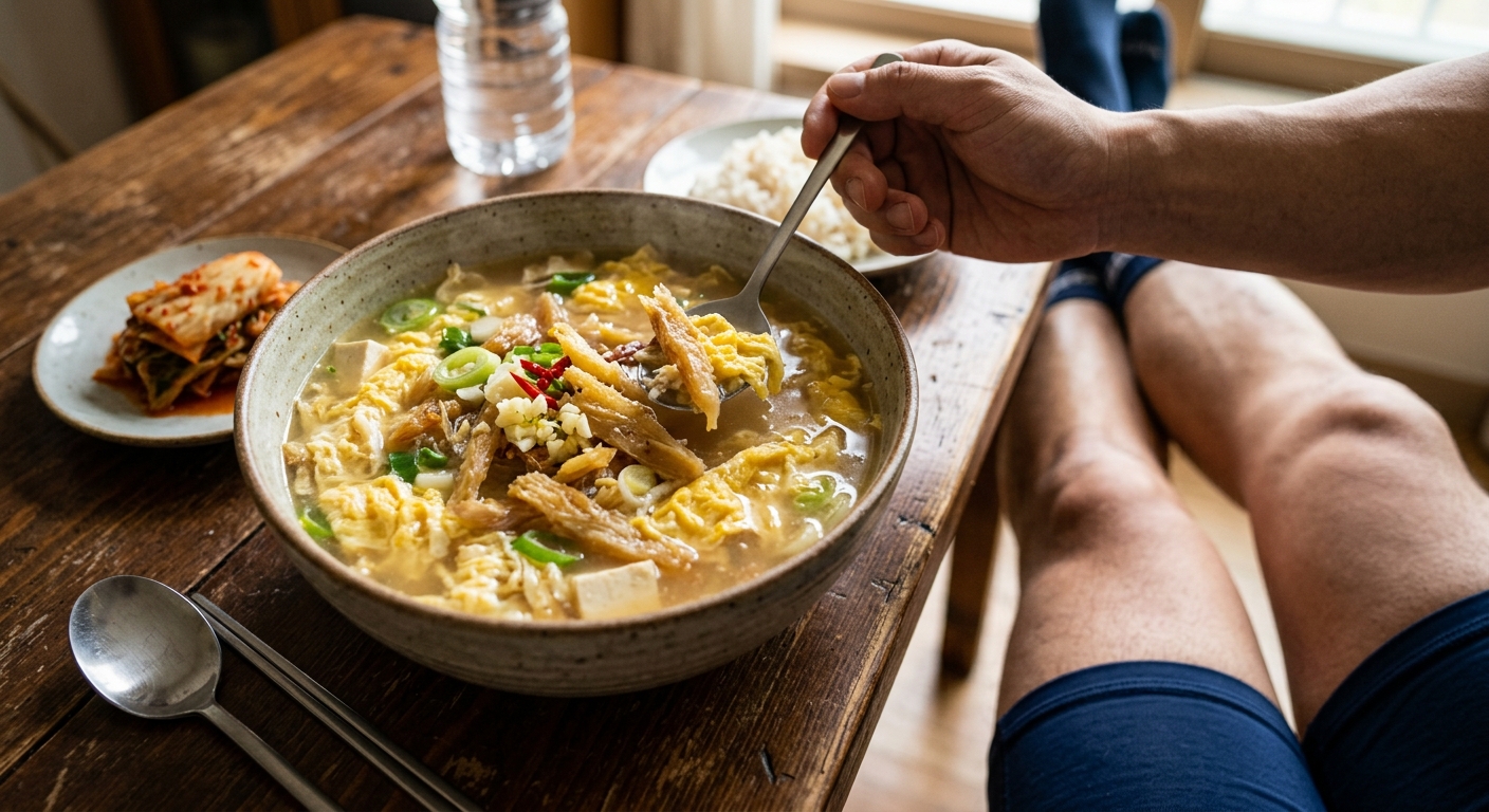 건조 북어가 정갈하게 놓인 모습으로 고단백 저지방 식품의 특징을 보여주는 이미지