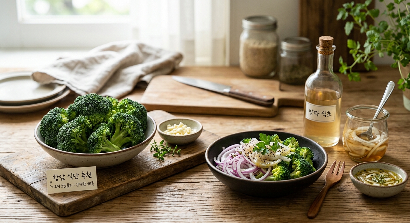 선명한 초록빛 브로콜리를 찜으로 조리한 건강식 이미지