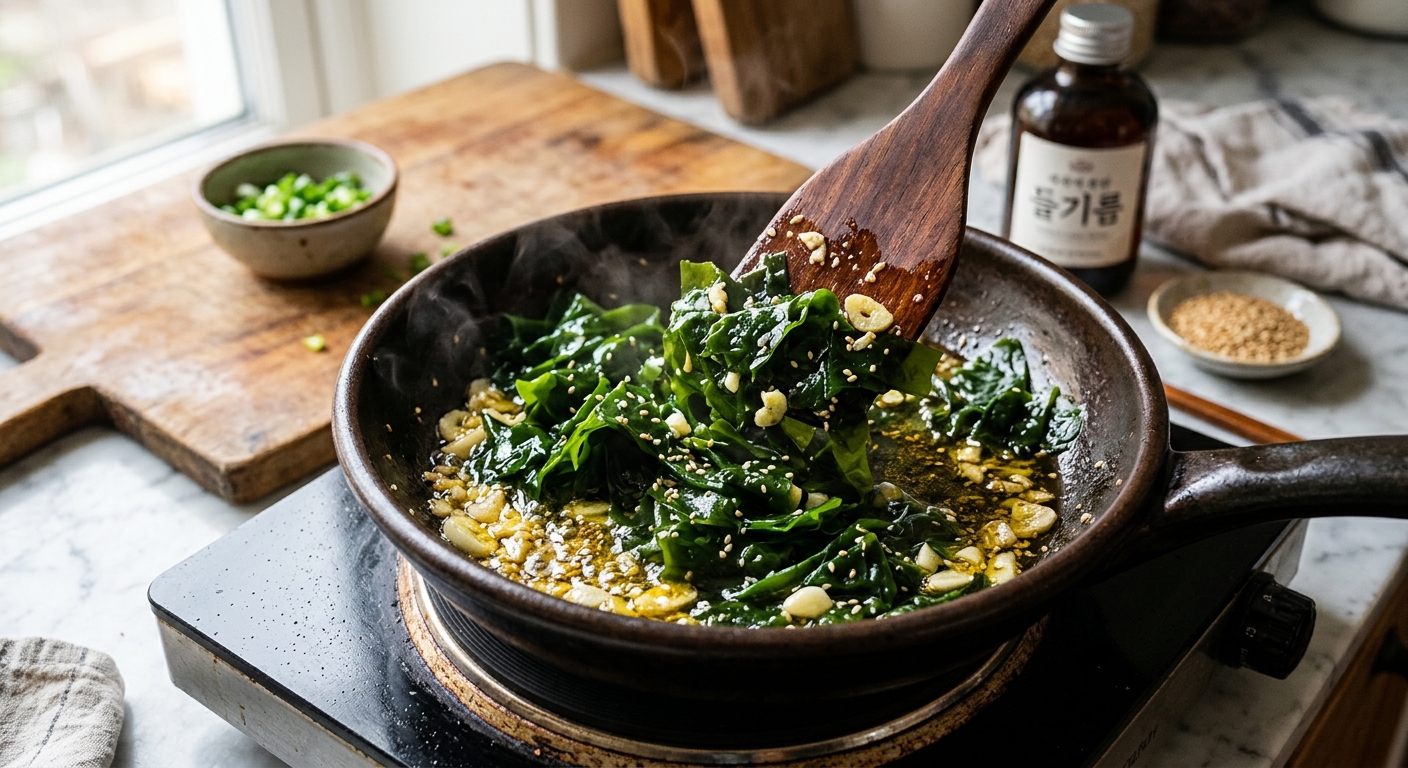 팬에 마늘과 들기름을 넣고 미역을 볶는 기본 미역볶음 레시피 과정