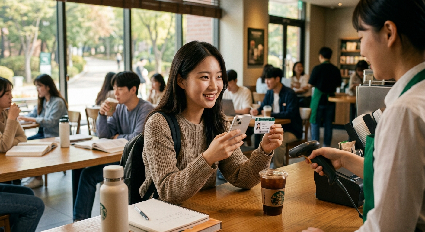 카페에서 학생 인증 혜택으로 음료를 할인받는 대학생의 모습