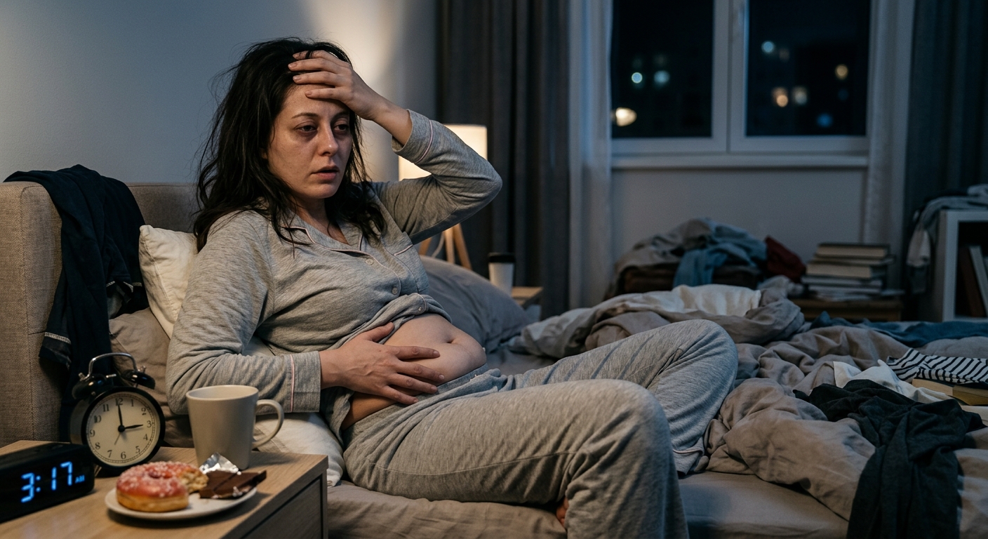 늦은 밤 침대 옆에서 야식을 먹으며 스마트폰을 보는 사람