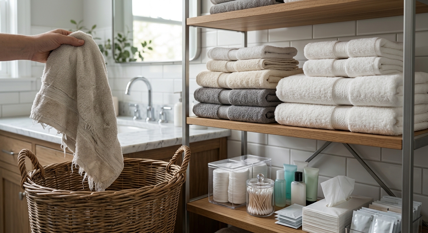 세면용 수건과 목욕 수건, 발수건을 구분해 정리한 모습