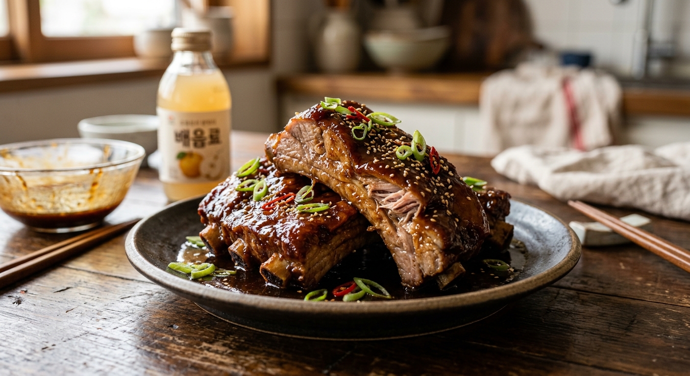 간장 양념 그릇에 배음료를 붓고 섞는 장면