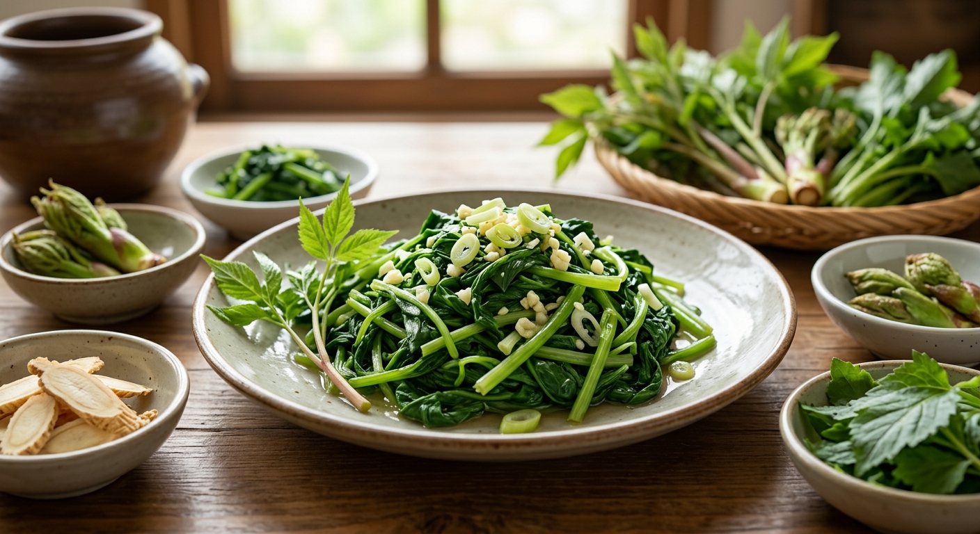 볶아낸 눈개승마 나물의 윤기와 식감을 보여주는 확대 사진
