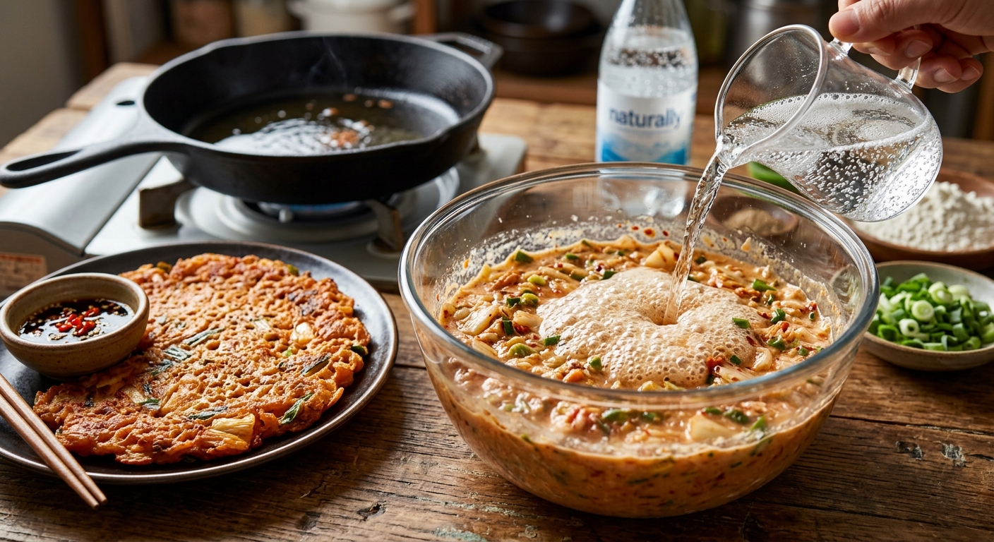 차가운 탄산수를 김치전 반죽 볼에 붓는 모습