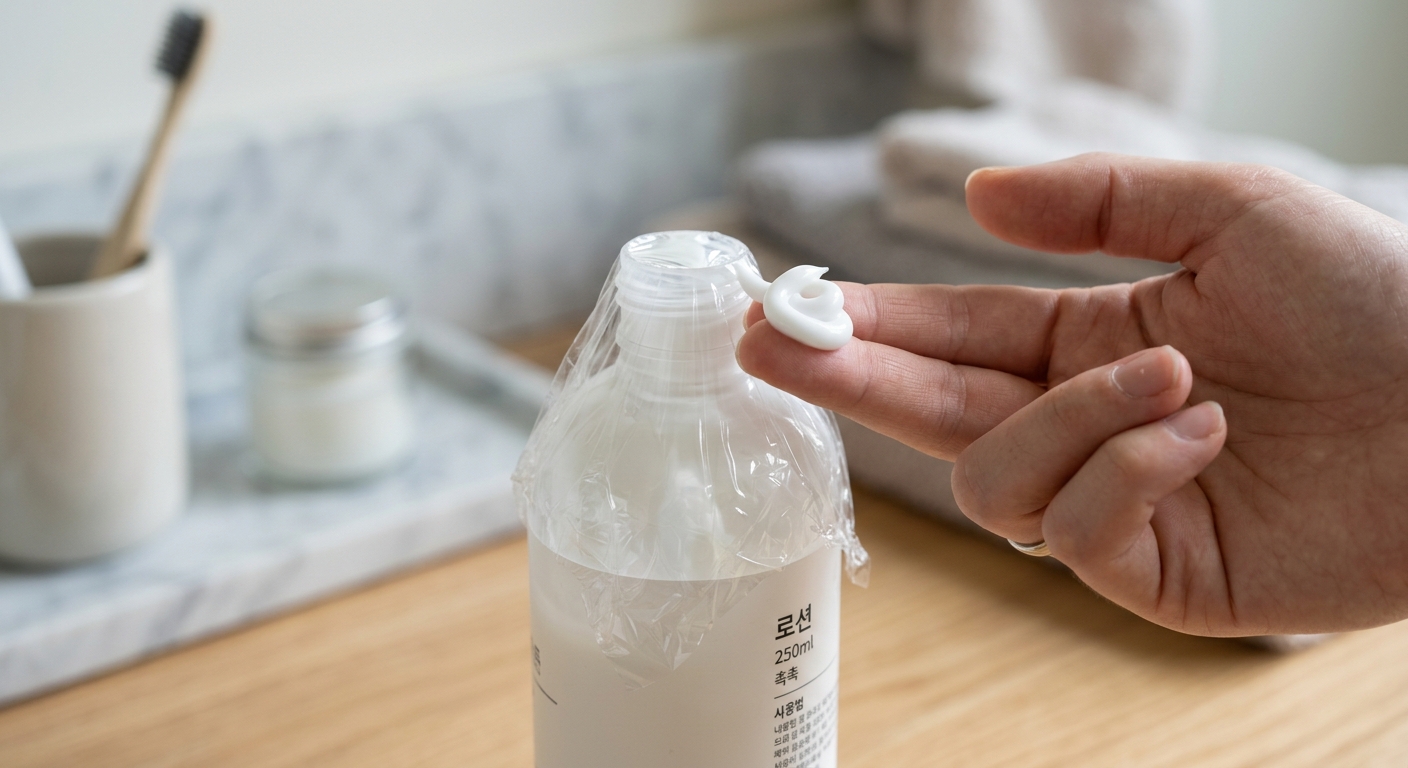 손으로 로션 통을 눌러 비닐 구멍으로 잔량 로션을 짜내는 모습