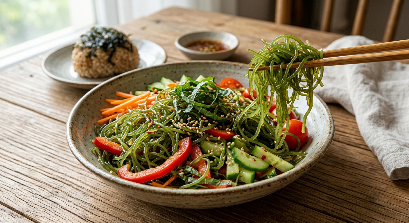 젓가락으로 들어 올린 꼬시래기의 길고 탄력 있는 질감이 보이는 사진