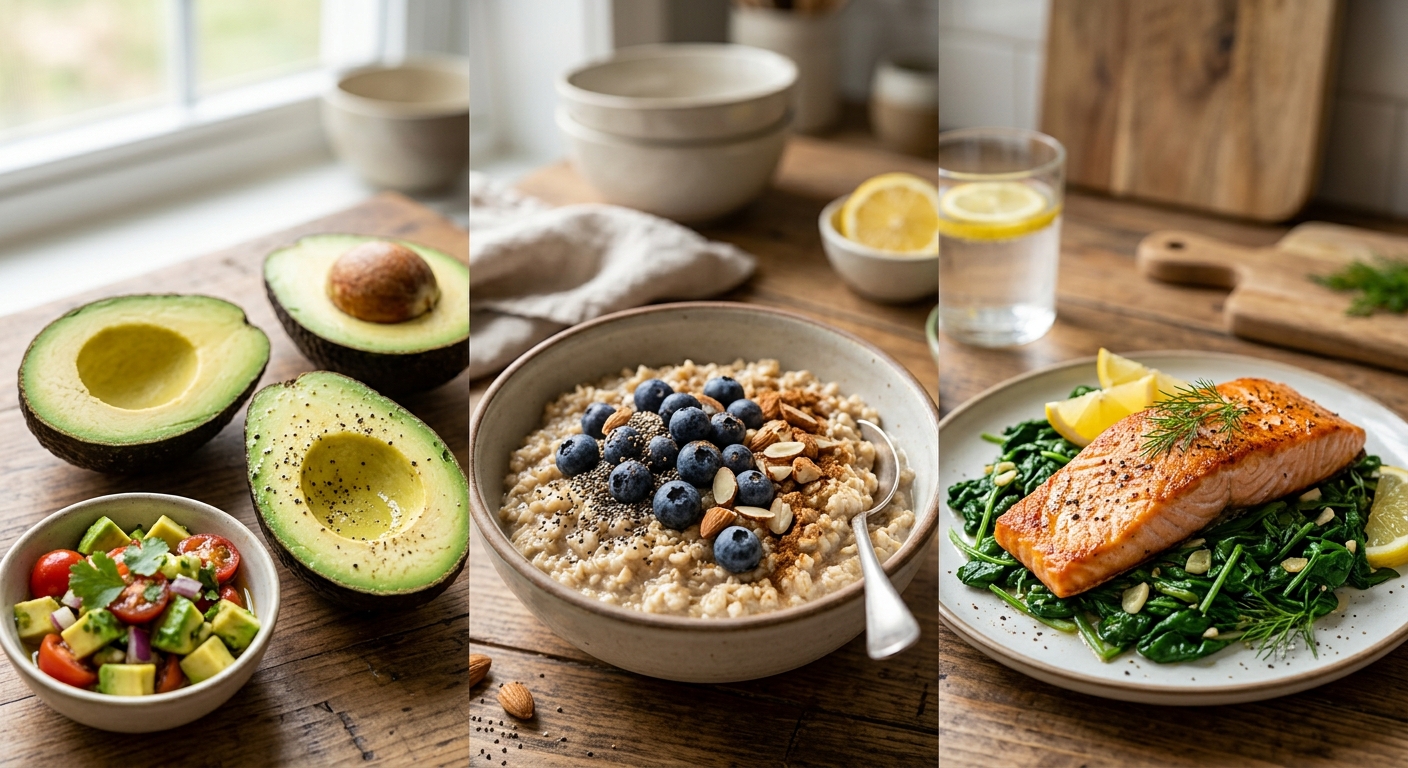 아보카도, 달걀, 채소, 곡물이 담긴 균형 잡힌 건강 볼