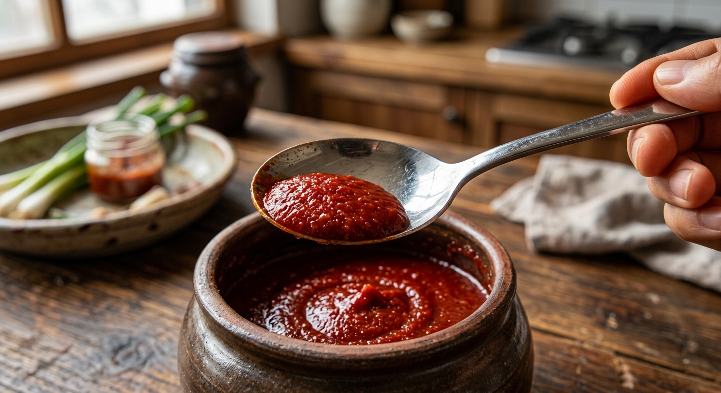 앞면과 뒷면 숟가락에 올린 고추장 떨어짐 차이를 보여주는 비교 장면