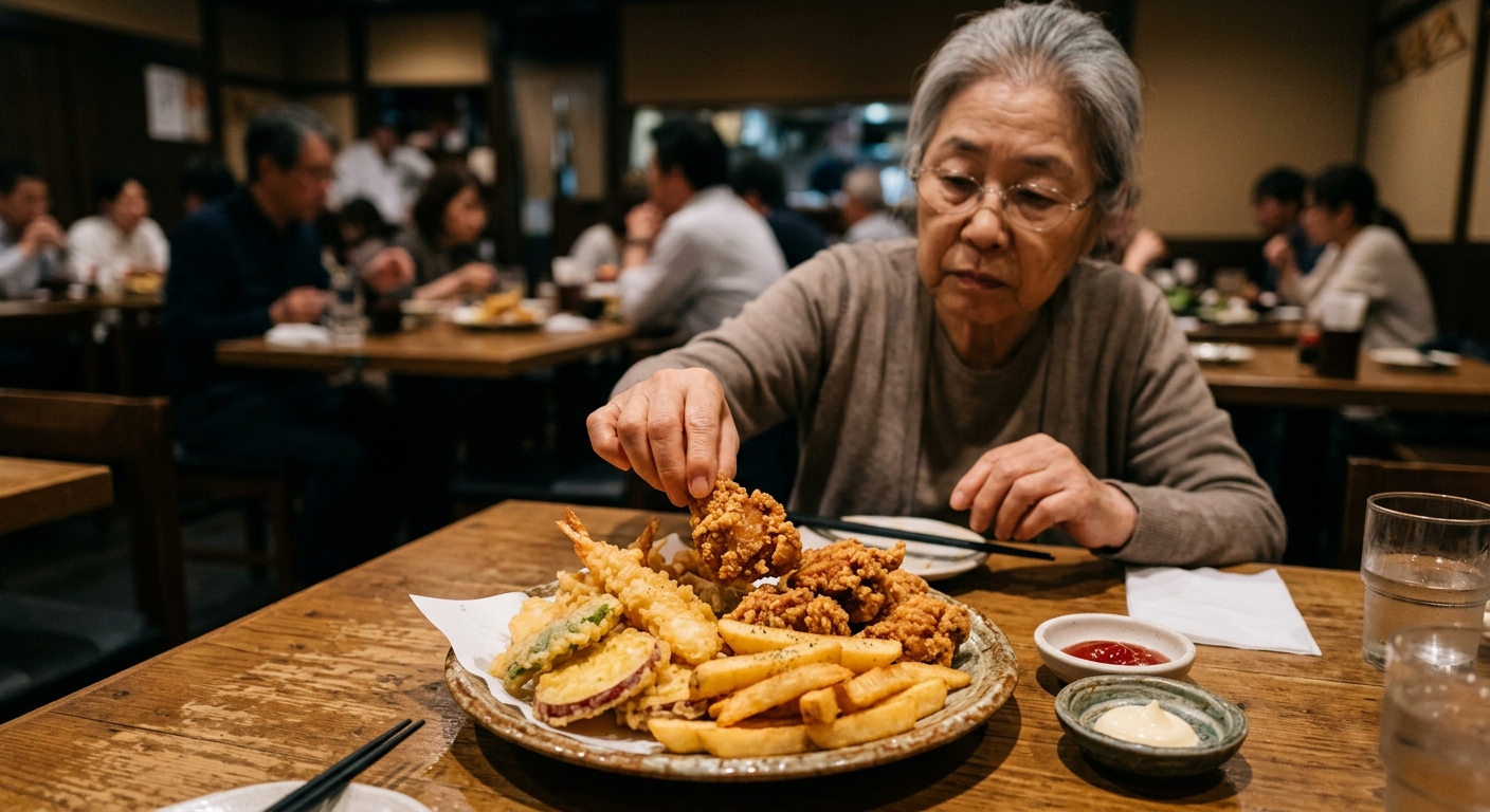 치킨과 감자튀김이 담긴 접시를 위에서 본 사진