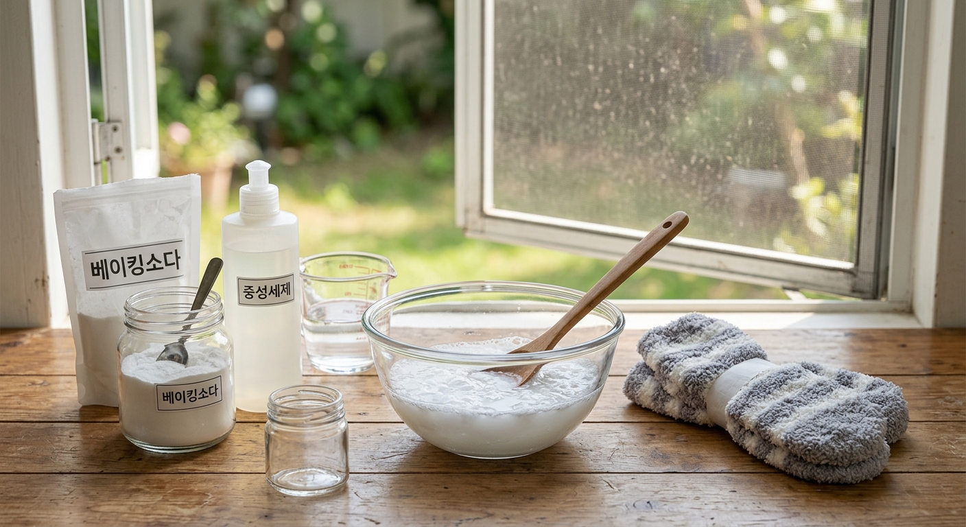 분무기에 베이킹소다와 중성세제를 섞어 방충망 세정액을 만드는 모습