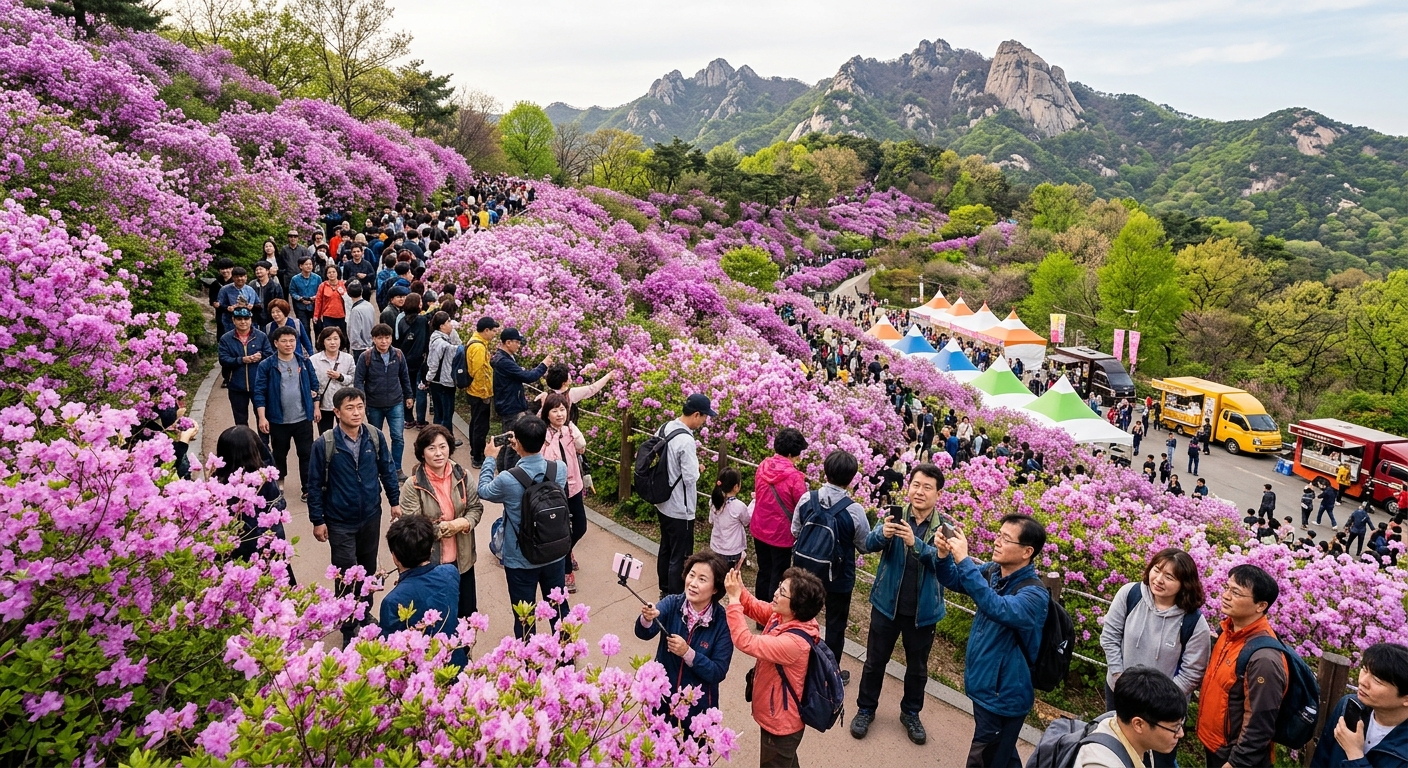 철쭉이 만개한 불암산 힐링타운에서 많은 사람들이 산책하는 모습
