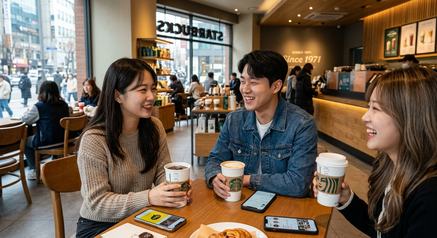 노트북과 커피를 두고 카페에서 시간을 보내는 20대와 30대 고객들