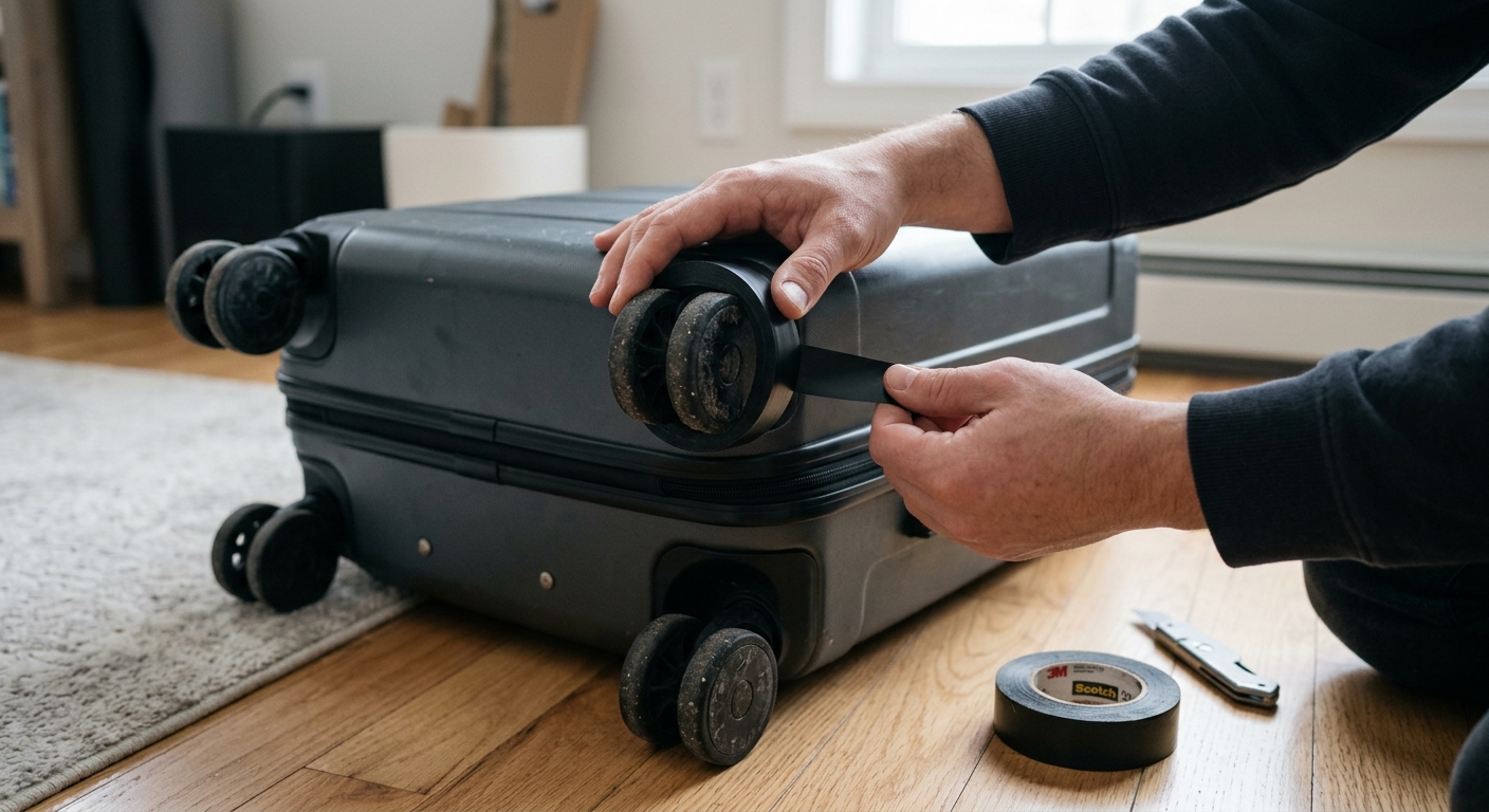 캐리어 바퀴 중앙선에 맞춰 절연테이프를 밀착해서 붙이는 모습