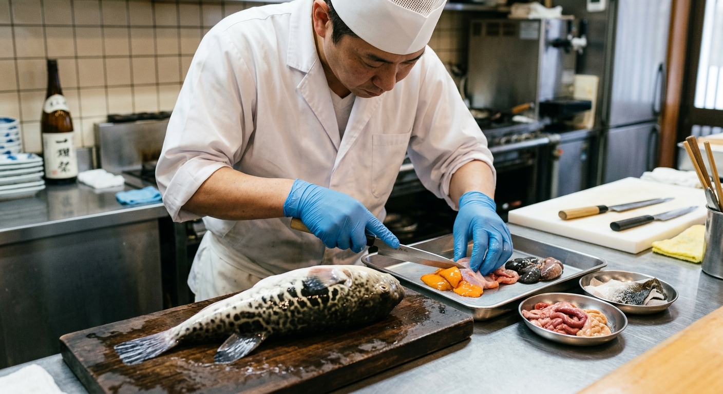 복어의 내장과 살 부위를 구분해 설명하는 식재료 이미지