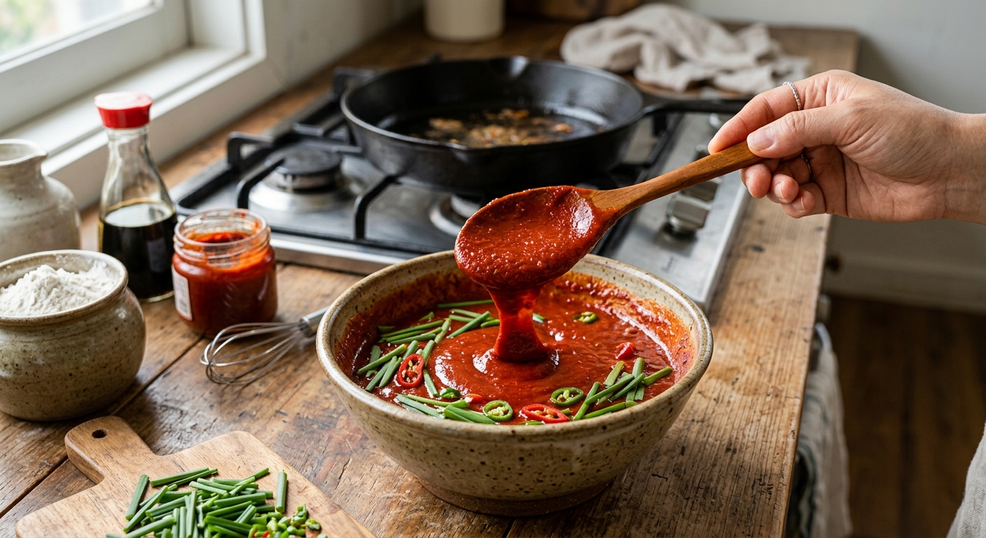 볼에 담긴 고추장 반죽과 부추가 섞인 장떡 반죽