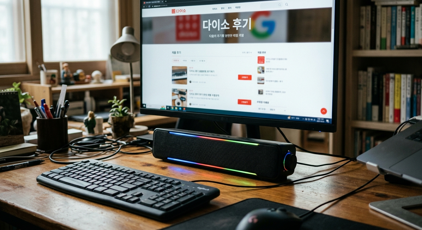 모니터 아래에 놓인 저가형 LED 유선 사운드바의 사용 모습