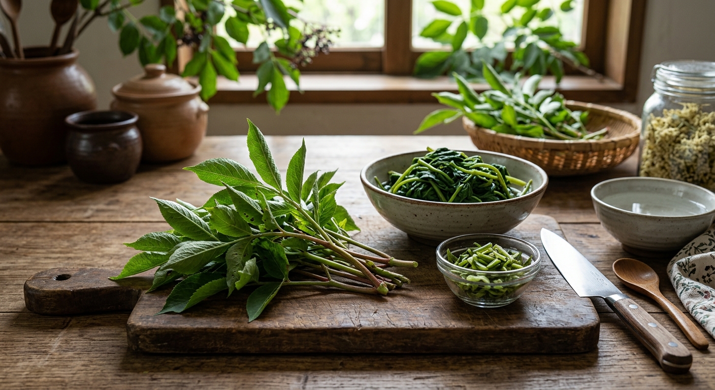끓는 물에 딱총나무 새순을 데치는 과정과 찬물에 헹구는 모습