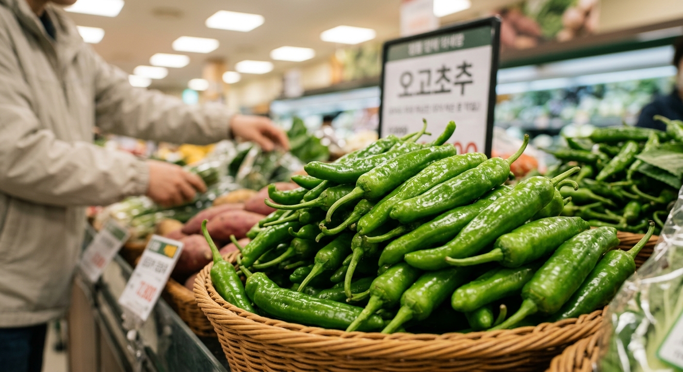 신선한 오이고추를 바구니에 담아 놓은 모습